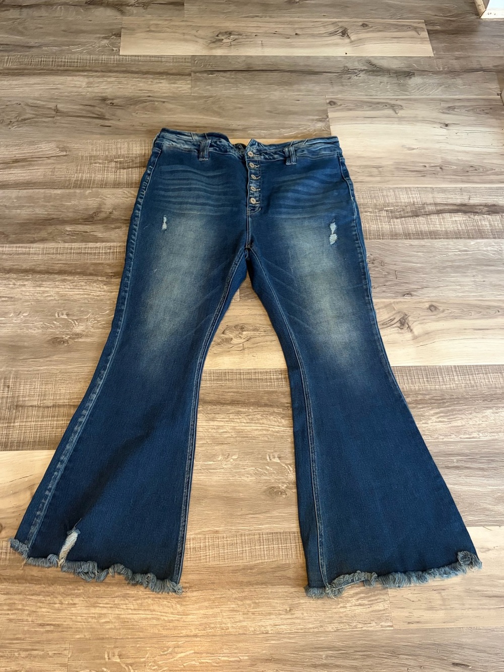 Kancan high waisted Dark Blue Flare Jeans with Frayed Hem